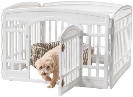 IRIS USA 24″ 4-Panel Pet Dog Puppy Playpen with Door, for Puppies and Small Dogs, Keep Pets Secure, Easy Assemble, Fold It Down, Easy Storing, Customizable, White