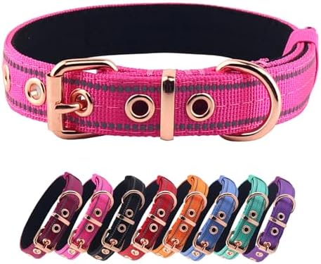 Neoprene Padded Dog Collar, Nylon Collar for Small to Large Dogs, Heavy Duty with Metal Buckle, Reflective(Medium, Pink)